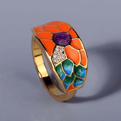 Anello dorato da donna con smalto epossidico squisito fatto a mano Anello con zirconi arancione girasole Anello per gioielli da donna