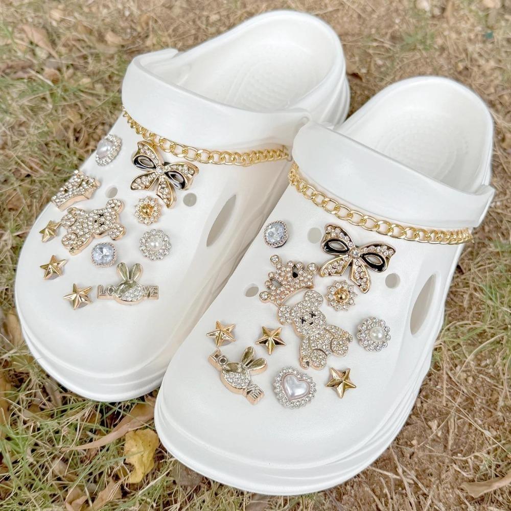 24PCS Luxury Design Shoe Charms Set Accessories for Clogs Shoe Buckle Gold Plated Bear Rhinestone Bow Chain DIY Shoes Decoration
