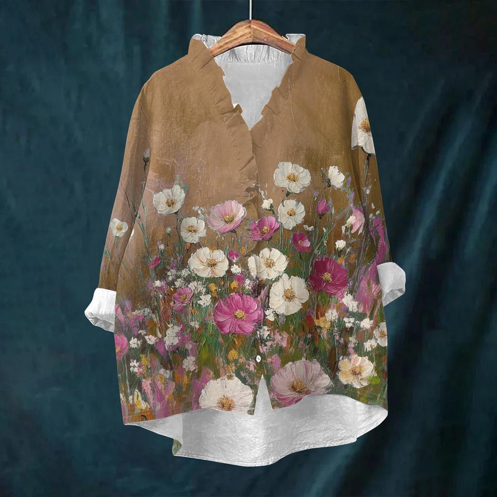 Women's Loose Ruffled Retro Floral Print Stand Collar Long Sleeve Cotton And Linen Top