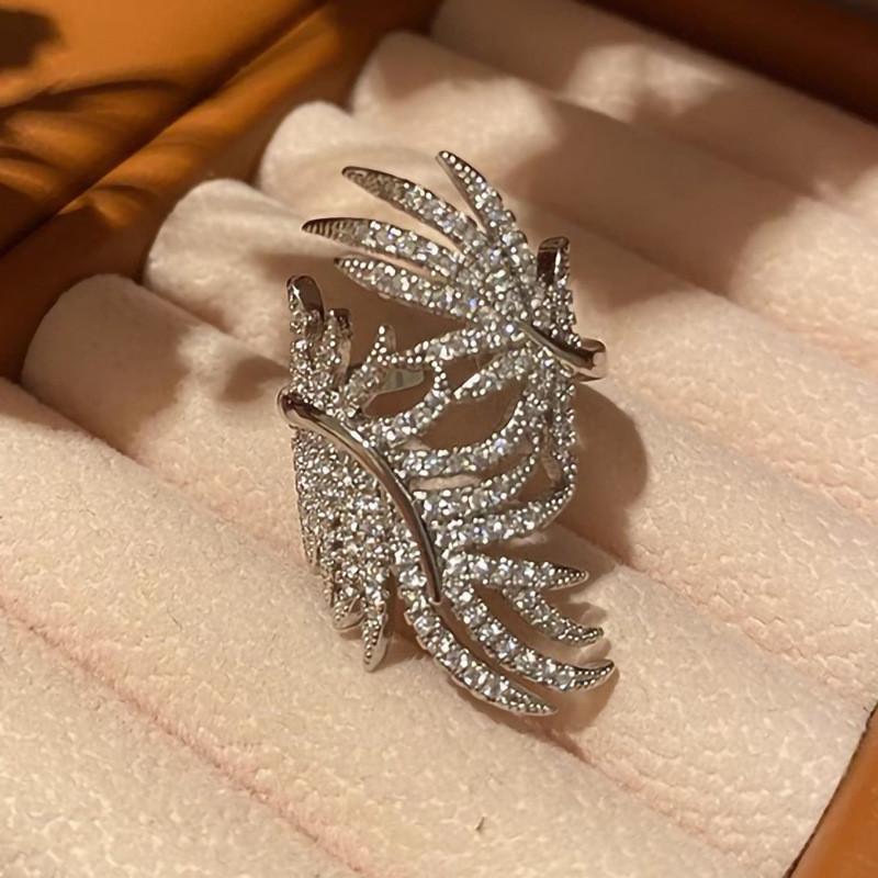 Aesthetic Feather Design Finger Ring for Women Luxury Full CZ Wedding Party Statement Female Rings  Sterling  Jewelry