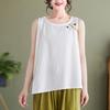 O-Neck Sleeveless Side Split Hem Loose Fit Retro Vest Women Summer Embroidery Pattern Top Streetwear