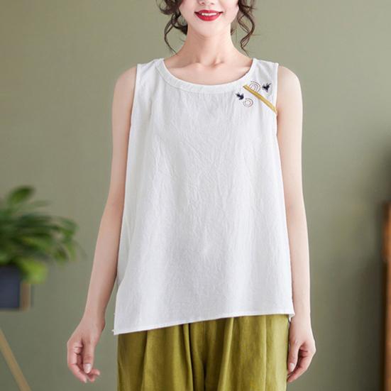 O-Neck Sleeveless Side Split Hem Loose Fit Retro Vest Women Summer Embroidery Pattern Top Streetwear