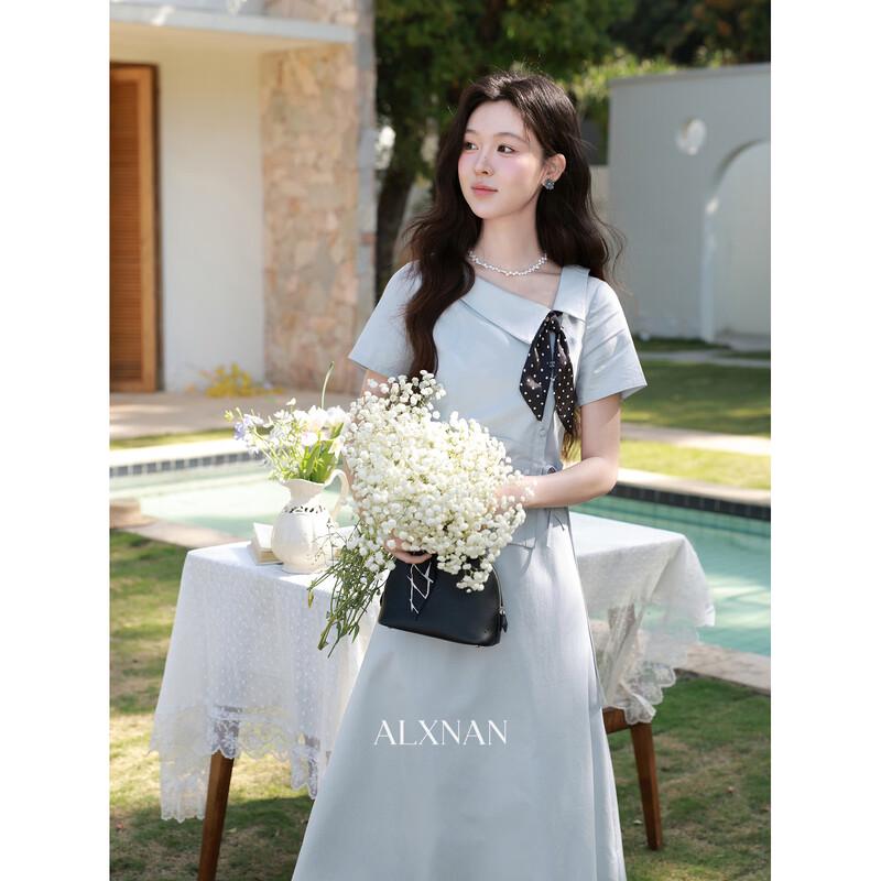Women's Faux Two-Piece Belted Short Sleeve Long Dress