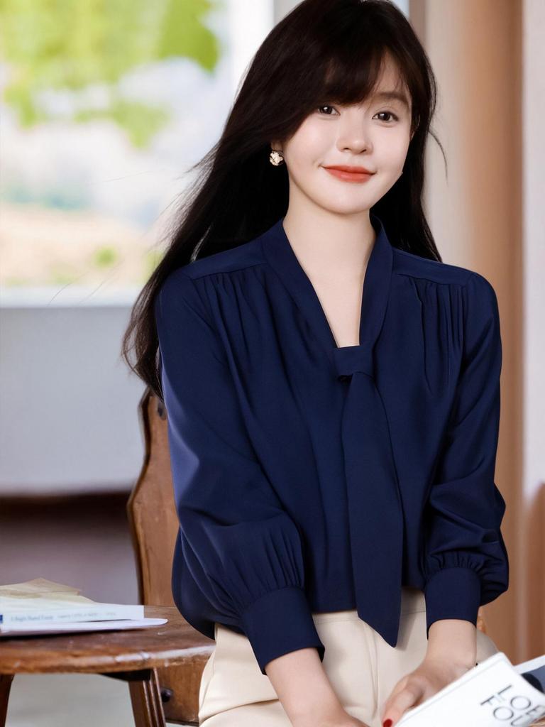 Rong Tai Women's Elegant French Ribbon Long Sleeve V-Neck Chic Shirt - Spring 2026 Collection