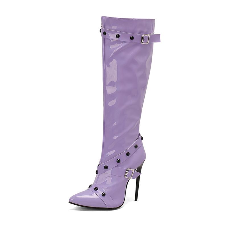 ANNYMOLI Women Knee High Boots Pointed Toe Thin High Heels Buckle Zipper Rivets Long Boots Ladies Fashion Shoes Autumn Winter 46