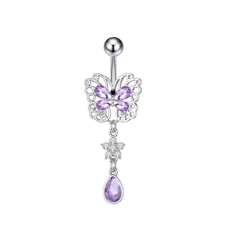 1Pcs Purple Zircon Dangle Belly Button Rings Stainless Steel Heart Butterfly Navel Piercing Long Drop Pendant Belly Ring Jewelry