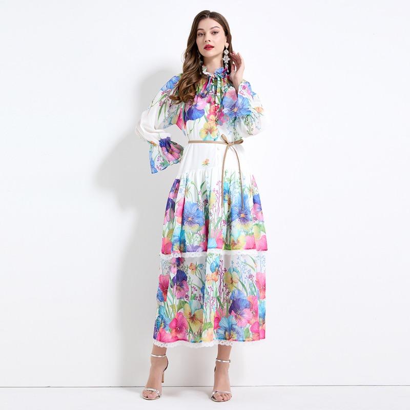 

Лето Осень Женские Принты Кружевной Подол Большие Свободные Праздничные Пляжные Длинные Макси Платья Торт One Size белый