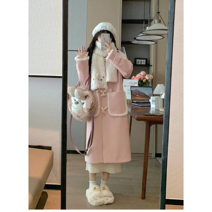 Women's Korean Pink Lambswool Tweed Coat: Winter 2025, Horn Button, Loose Fit