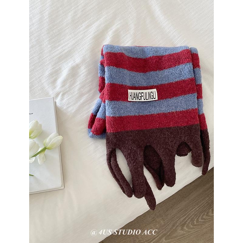 Korean Style Contrast Stripe College Style Wool Knitted Scarf for Women Winter New Warm and Versatile Large Tassel Scarf