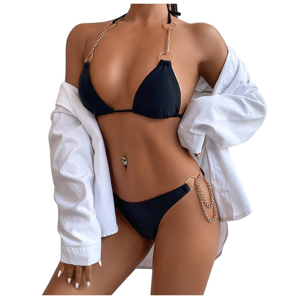 Two Piece Bikini Set with Metal Chain Decoration Triangle Top and Low Waist Bottom Swimwear for Women Beachwear Summer Outfit
