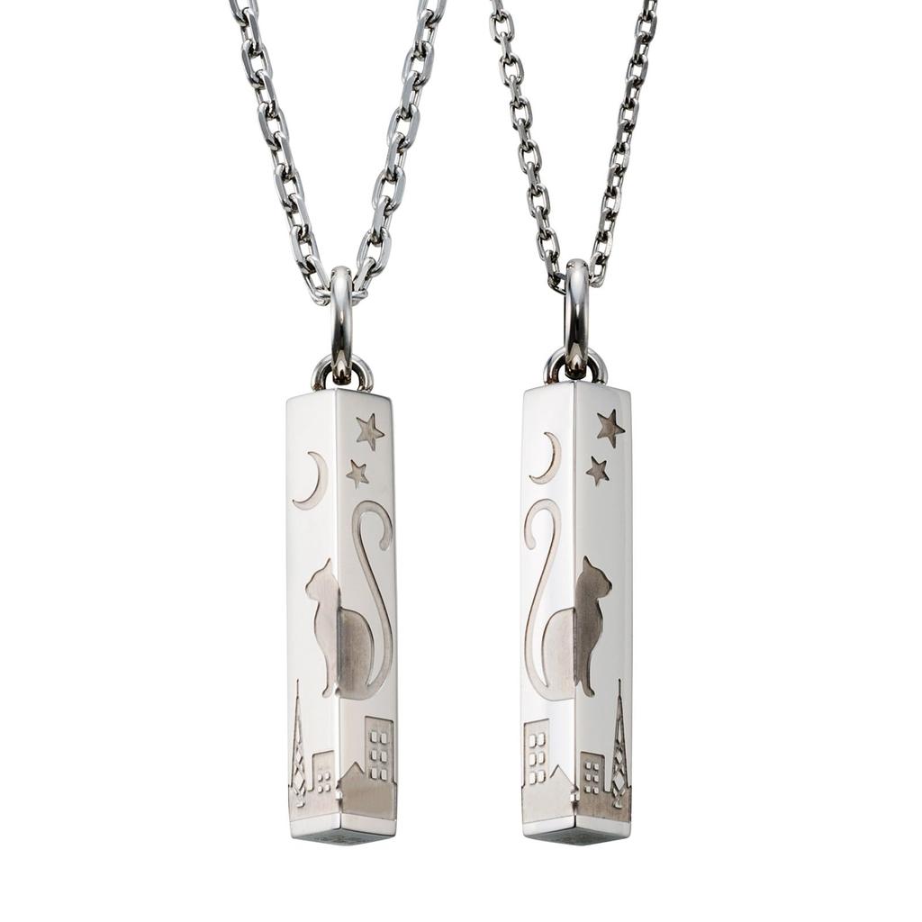 Pair Necklace Surgical Stainless Steel Cat Moon Star Heart Tail Shared Heart Silver Silver [White Clover] & 4SUP105SV&4SUP106SV
