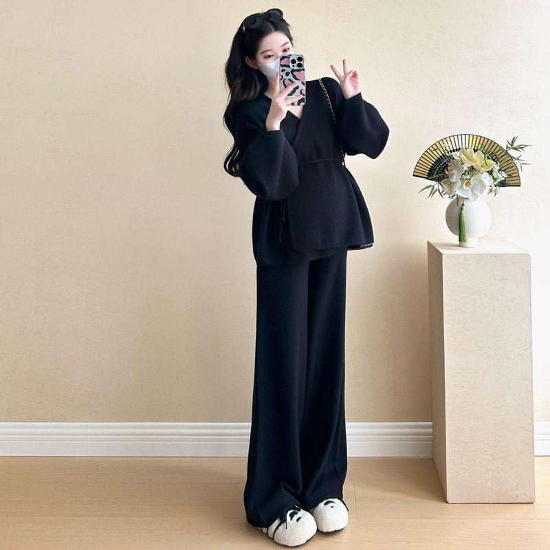 V-Neck Lantern Sleeve Tie-Up Knitted Two-Piece Set with Wide-Leg Pants - Women's Autumn/Winter Korean Style