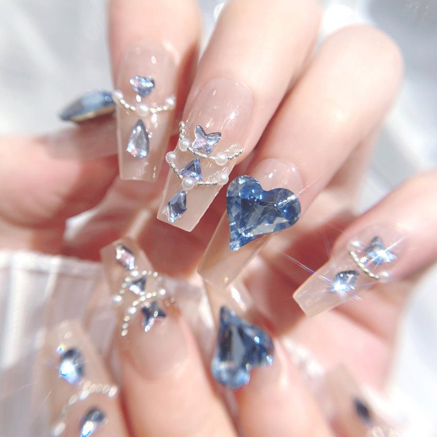 24 Pcs Long Press On Nails With Diamond Pearl Glitter Design Reusable Acrylic Artificial Nail Tips Set