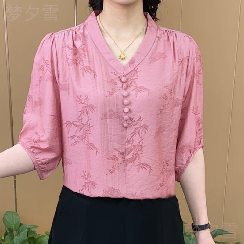 Fashion Button Vintage Printed Shirt Women's Casual V-Neck Loose Chinese Style Summer Commute Basic Half Sleeve Blouse
