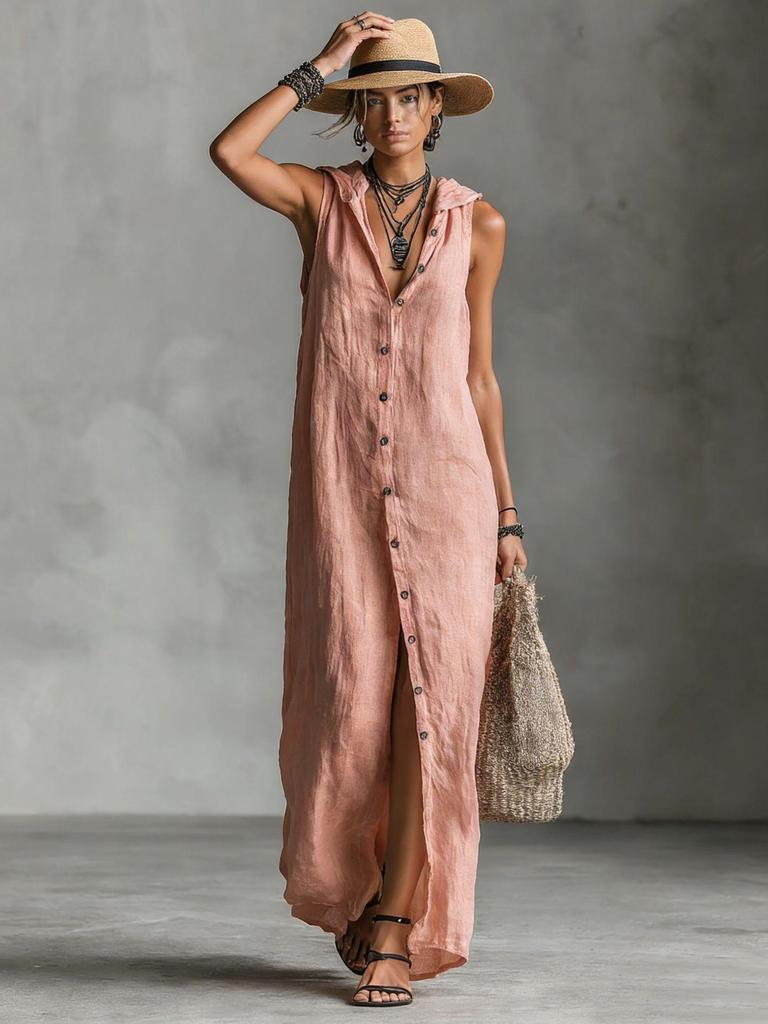 Robe Longue Sans Manches à Capuche pour Femme 2026 - Coupe Ample Décontractée, Design à Boutonnage Simple