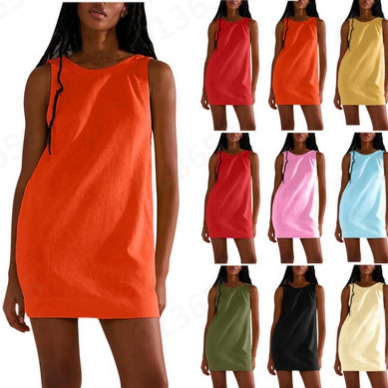 Summer Women's Cotton Linen Comfortable Solid Colour Sleeveless Backless Pocket Dresses
