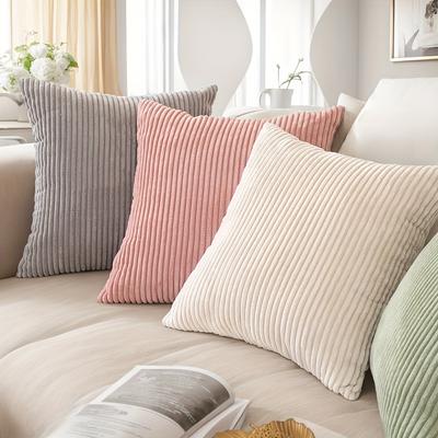 Soft Striped Home Decorative Throw Pillow Covers, Square Corduroy Cream Cushion Cases