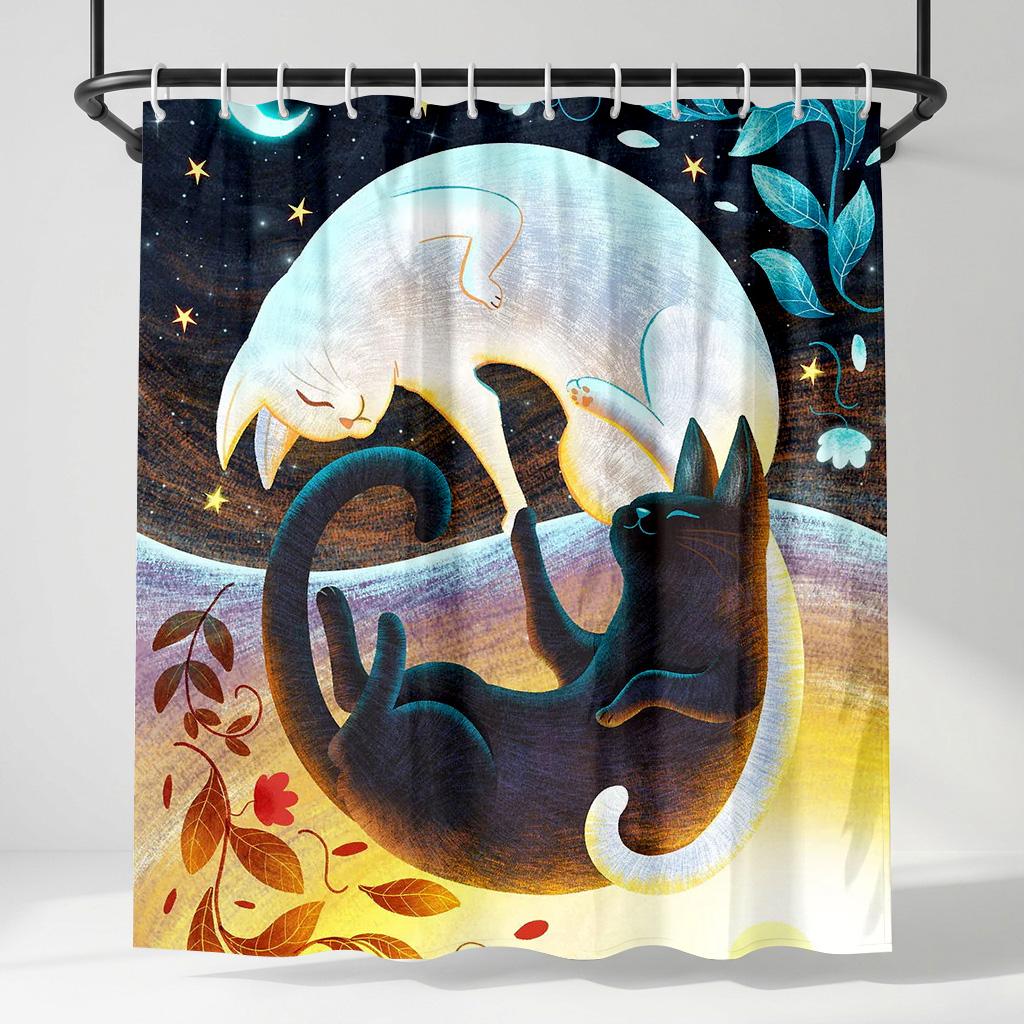 

Yin Yang Black And White Cats Shower Curtain, Celestial Starry Moon Kitten Decor, Whimsical Fantasy Fabric Bathroom Curtain W60H190(CM)-1 Pcs