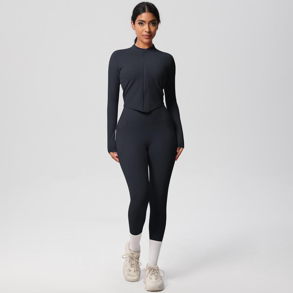 Naked Tight Zipper Jacket Yoga Suit Set, High Waist Pocket Quick Drying Exercise Running Fitness Two-Piece Set For Women