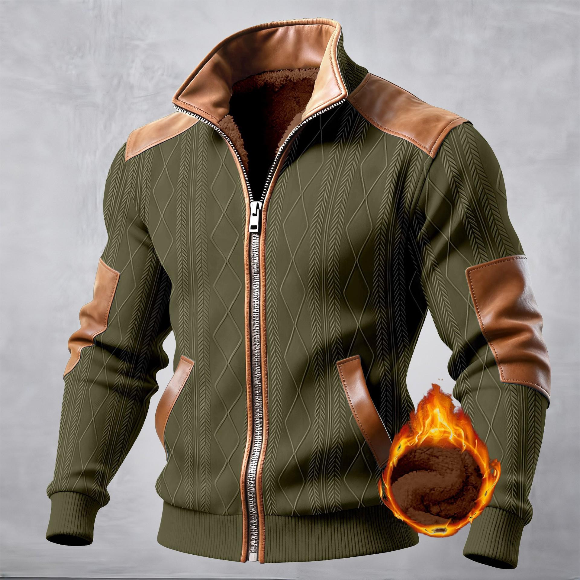 

Men s Color Block Fleece-Lined Warm Zip-Up Casual Jacket XXXL армія зелений колір