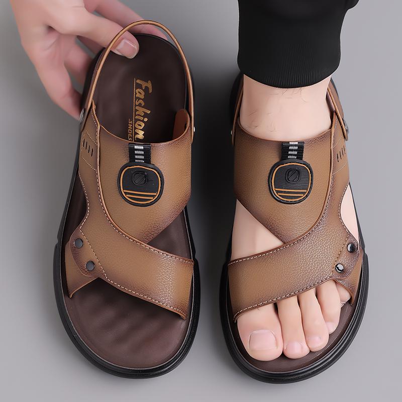 Sandals Men's New Beach Shoes Cowhide Slippers Outdoor Non-slip Thick-soled Leather Sandals for Man Non-slip Cover Toe Fashion C