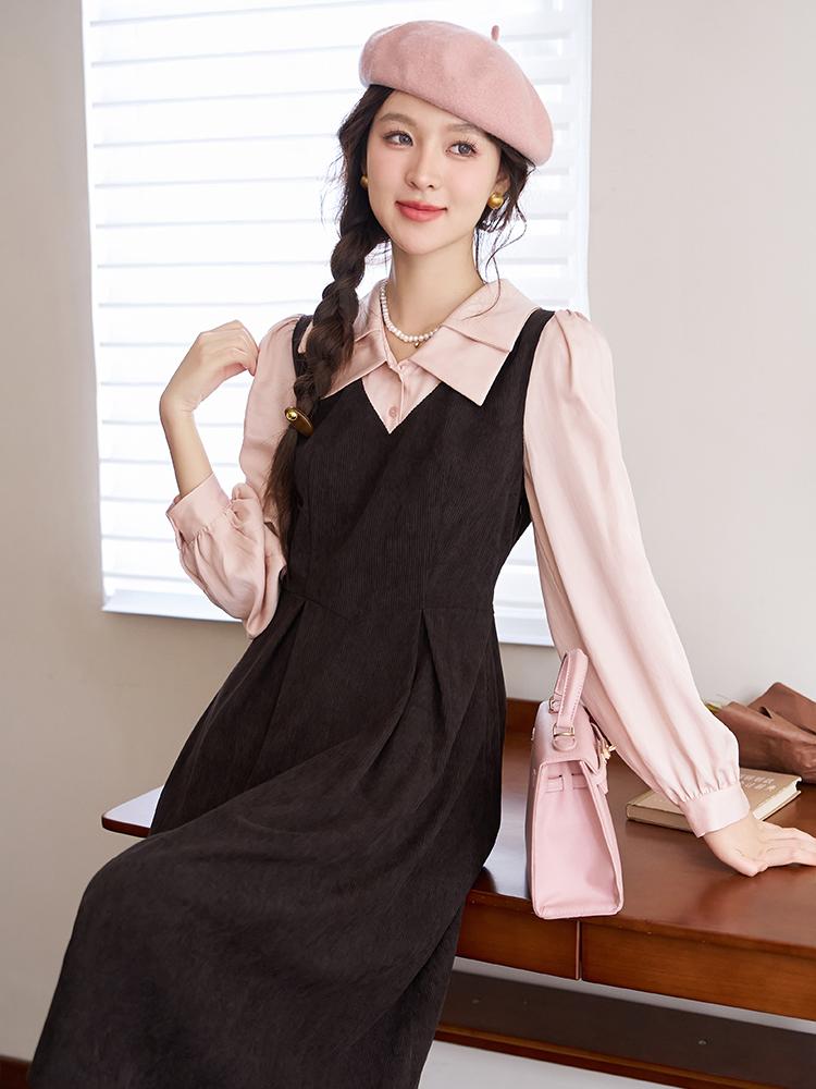 Mishow Rochie de damă French Patchwork 2023 Toamnă Elegantă Talie Mânecă Lungă Rever Fermoar Lateral Rochii Falsă Două Piese MXC45L1585