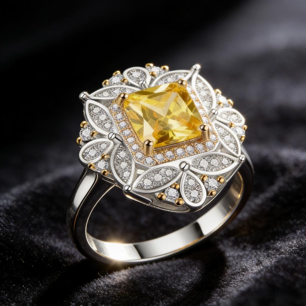 Square Created Citrine & Zircon Ring, CopperPlated Bridal Set, Wedding Engagement Anniversary Jewelry for Women