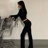 Damen Europäischer Stil Einfarbige Langarm Rundhals Schlanke Passform Lange Hosen Zweiteiliges Outfit