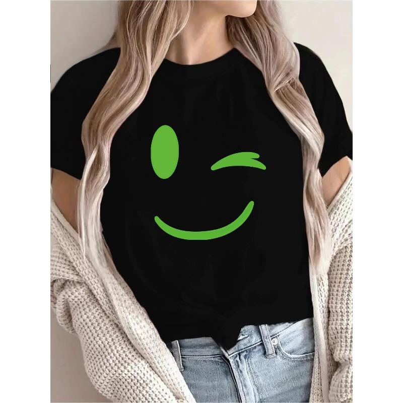 

European Size [New Arrival] joyful Face Print Holiday T-Shirt, Women s Casual, Vacation, Short Sleeve Round Neck, Spring/Summer, Machine Washable 4XL чорний