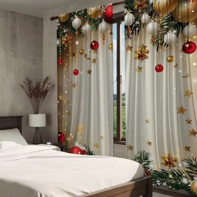 2Pcs de Cortinas de Natal Sinos de Natal Árvore de Natal e Flocos de Neve Cortinas Estampadas para Quarto Sala de Estar Janelas