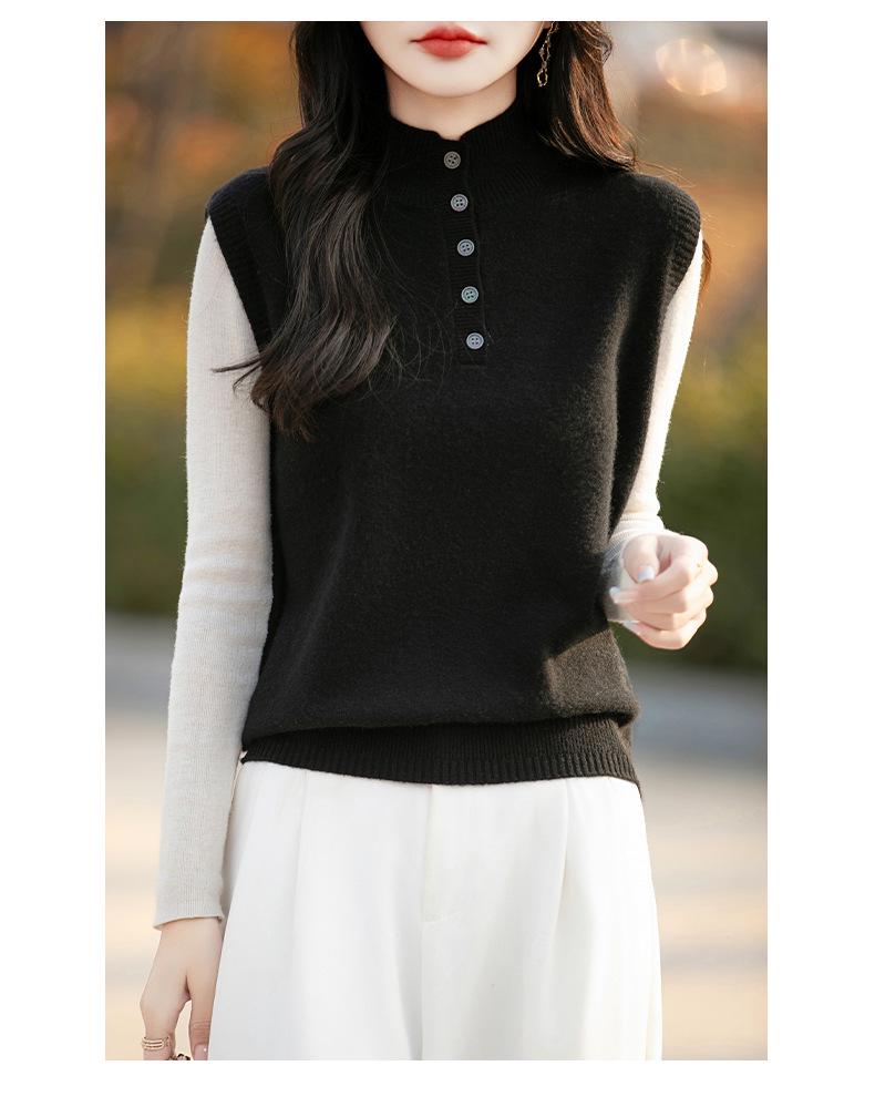 Women's 100% Wool Half-Open Button-Up Knit Vest - Sleeveless, Versatile, Solid Color Pullover with Half-High Collar