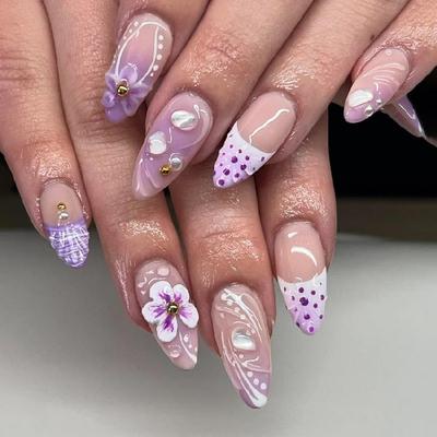 24Pcs Almond Fake Nail Press On Nail Artificial Nail False Nail Glues On Nail Flower Designs French Nail Tips Gifts