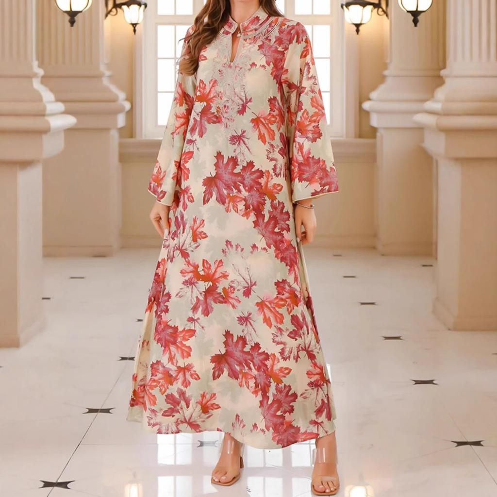 Europe, America, Autumn Robe Dress Flower Print Long Sleeve Dress Robe