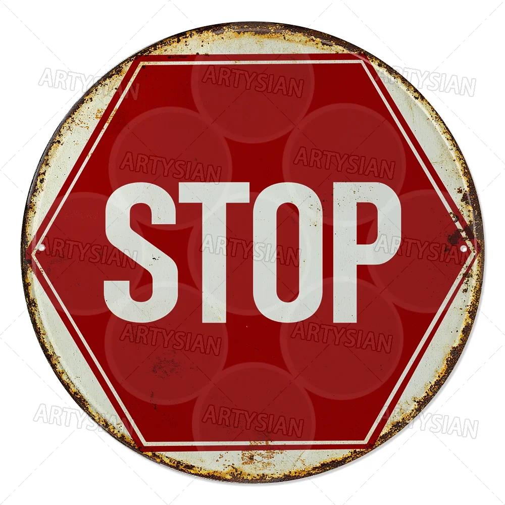 Vintage Retro Traffic Signs Collection HD Print Metal Tin Sign Featuring Unique Circular Warning Prohibition Plates (No C
