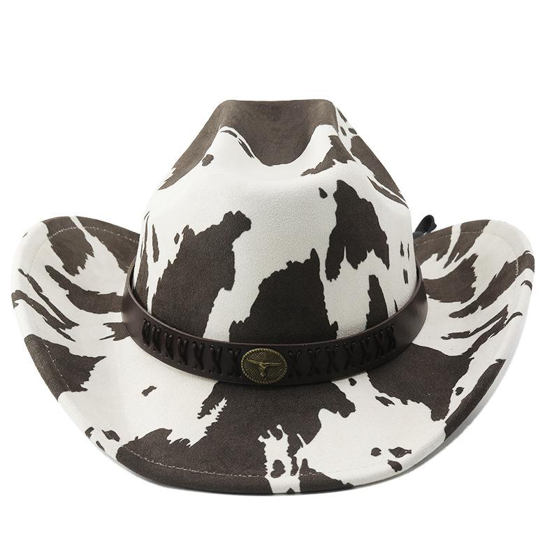 Cow Print Western Cowboy Hat Bull Head Metal Decor Rivet Leather Band Wide Brim Party Fedora Hat