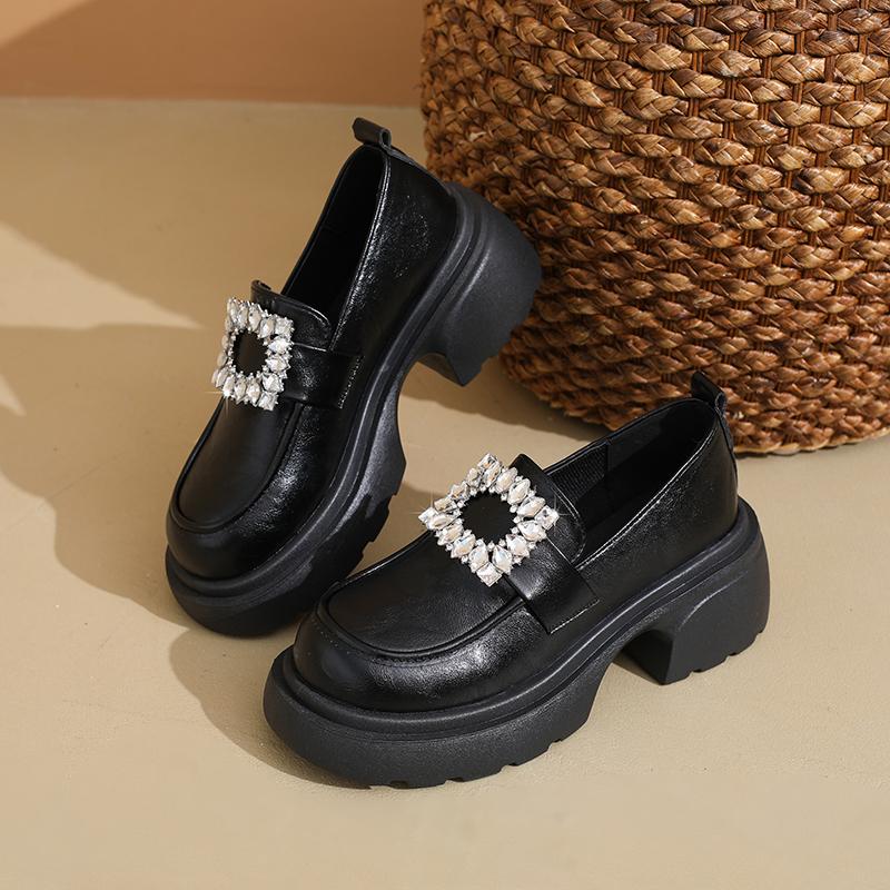 Rhinestone Buckle Loafers Autumn New Round Toe Deep Mouth Platform Non-slip Wear-resistant Block Heel Shoes