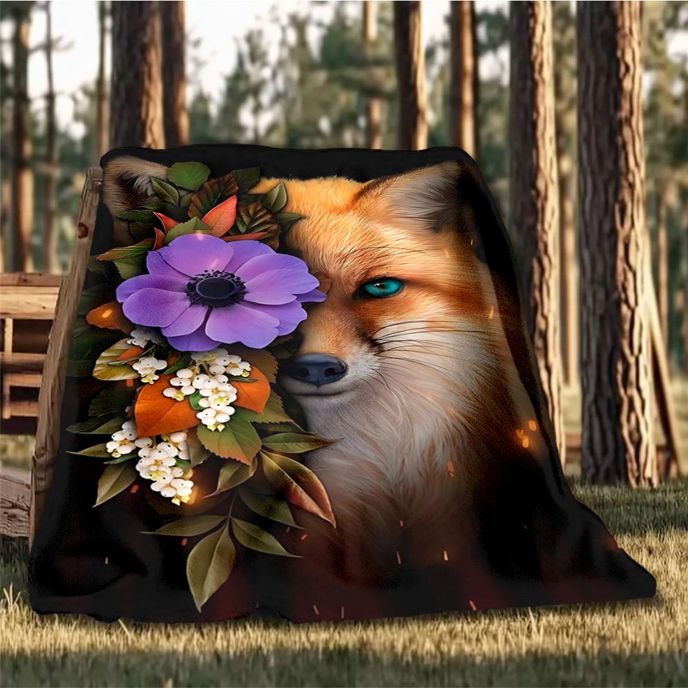 1pc Fox Flower Wreath Outdoor Flannel Blanket Soft All Season Polyester Throw , Perfect for Picnics & Travel , Picnic Accessory