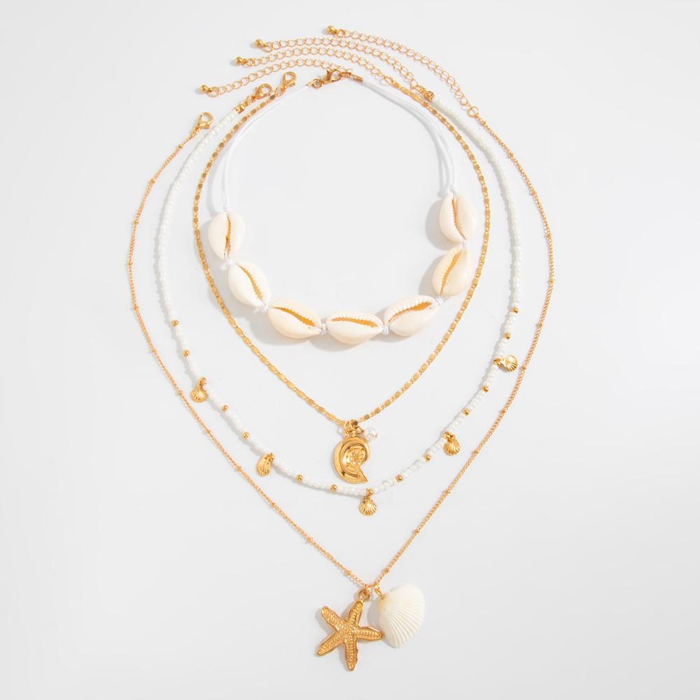4pcs Set Bohemia Shell Conch Starfish Pendant Layering Imitation Pearl Necklace for Women Beach Vacation Stackable Jewelry Sets