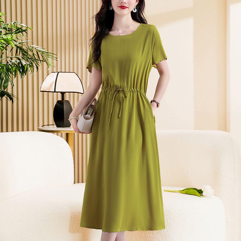 Elegant Plus Size Cotton Silk Knee-Length Dress with Waist Cinch for Middle-Aged Women