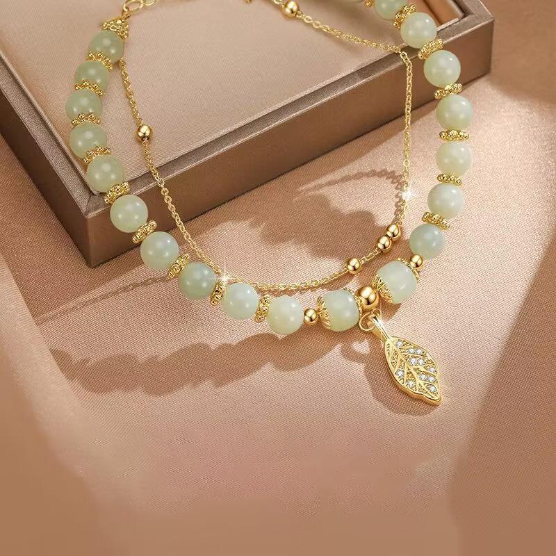 Women Exquisite Gold Color Leaves Wrist Strap Bangle Double Chain Bracelet Girls Gifts Chinese Style Green Jade Bracelet