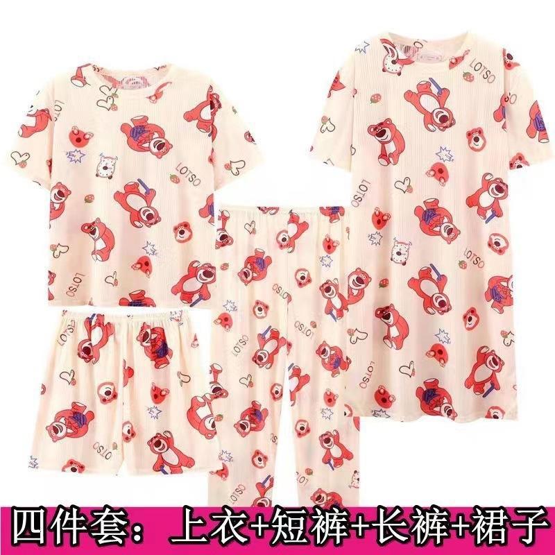 Pajamas women's summer round neck short-sleeved nightgown summer loose cropped pants loungewear set