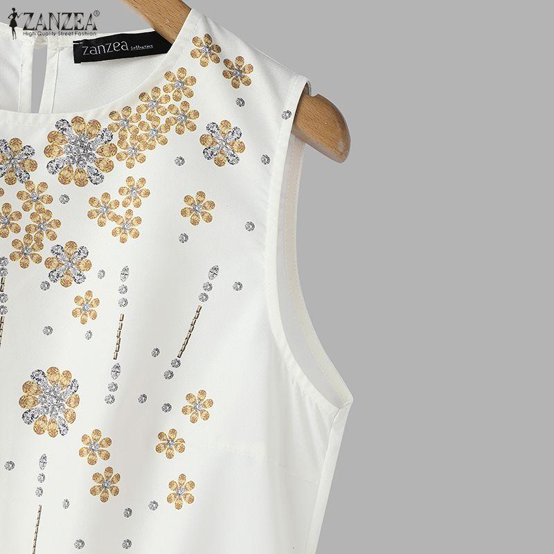 ZANZEA Women Casual Round Neck Sleeveless Print Dress