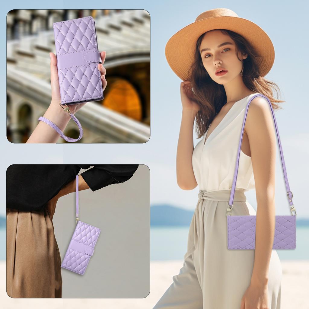 For iPhone 16e Case Rhombus Stitching Wallet Stand Leather Phone Cover with Long/Short Strap