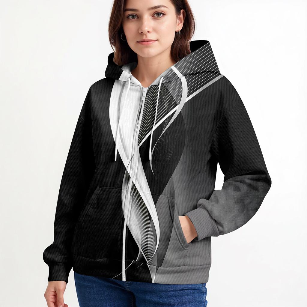 Women's Casual Fashion Long-Sleeved Zip-Up Christmas Print Knitted Hoodie