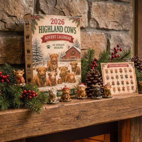 24-Tage-Countdown-Box Hochlandrind Adventskalender 2026, Weihnachten mit Acryl 2D Rinderliebhaber Geschenk Mini-Figur, Bauernhoftier Baumhänge-Dekoration für