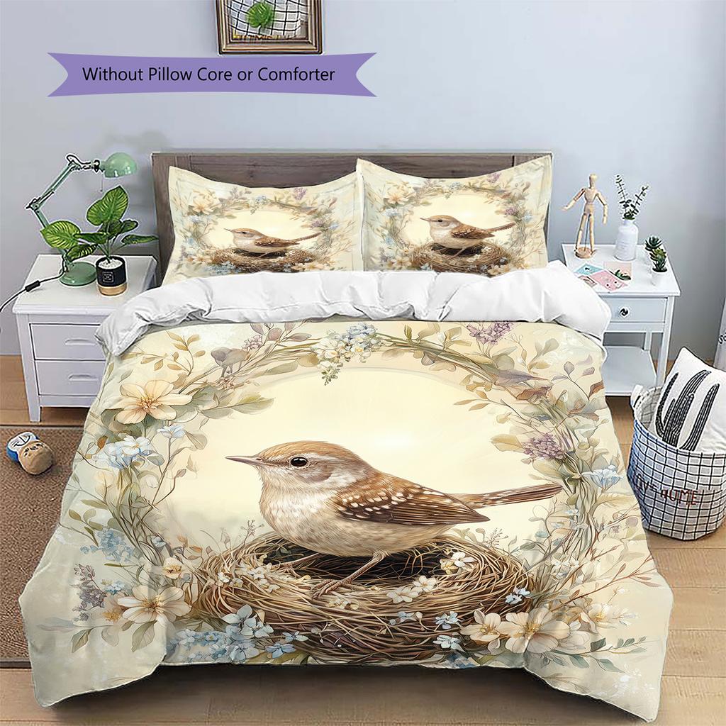 Bird's Nest with Flower Wreath  Pattern Bedding Quilt Set  Home Decoration  Gift (1 * duvet cover + 2 * pillowcase, without core)