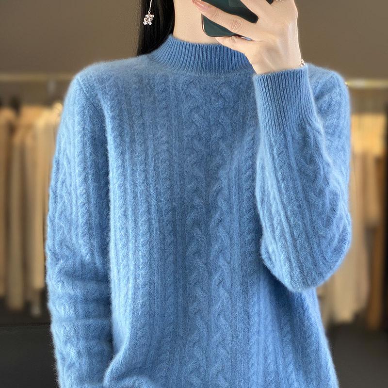 Autumn/Winter 2025 Women's High Neck Pure Wool Cable Knit Slimming Long Sleeve Top