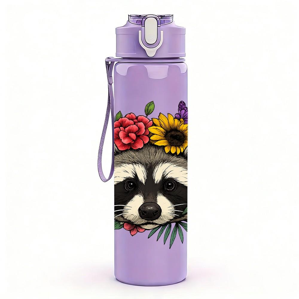 1PC Flower Crown Raccoon 750ml Color Plastic Sports Water Bottle Leakproof Flip Straw Lid Suitable for Sports Office Home Use