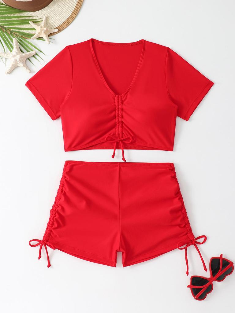 European & American Women's Solid Color High-Waisted Two-Piece Swimsuit Bikini