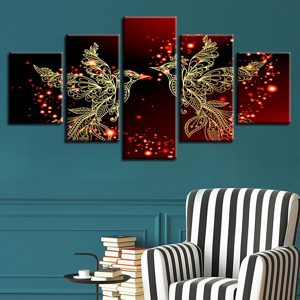 5 Pieces Painting Home Decor HD Print Canvas Red And Gold Love Birds Pictures Bedroom Romantic Wall Art Poster Decor